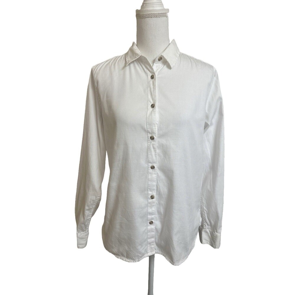 American Eagle Women's L White Long Sleeve Collared Button-Up Shirt Top Cotton